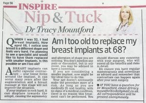 Nip & Tuck article addressing if a woman is too old to have breast implants replaced