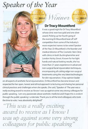 Dr Tracy Mountford wins Gold Speaker of the Year Award at Aesthetic Awards Dr Tracy Mountford wins Gold Speaker of the Year Award at Aesthetic Awards
