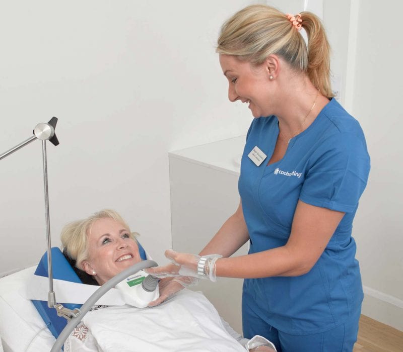 A lady having CoolSculpting on her neck